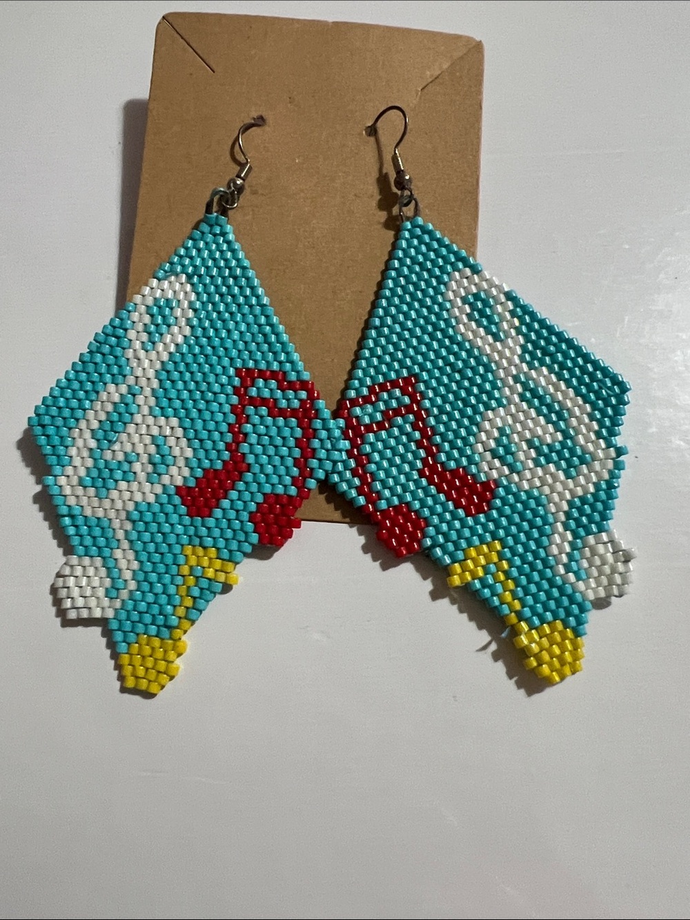 Turquoise Beaded Music Note Dangle Earrings with White Treble Clef